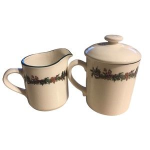 Vtg O'Tannenbaum by The Cellar Christmas Creamer and Covered Sugar Bowl 1992